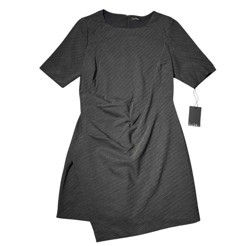 NWT New $179 Nicole Miller Grey Short Sleeve Asymmetrical Hem Dress Size 14 - Picture 2 of 9